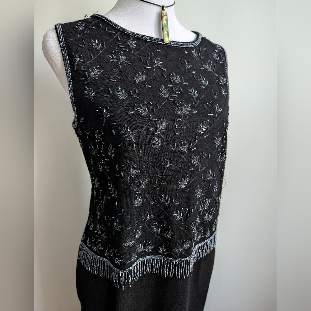 Vintage 90s Whimsygoth Black Beaded Wool Blend Knit Maxi Dress M Elegant Goth